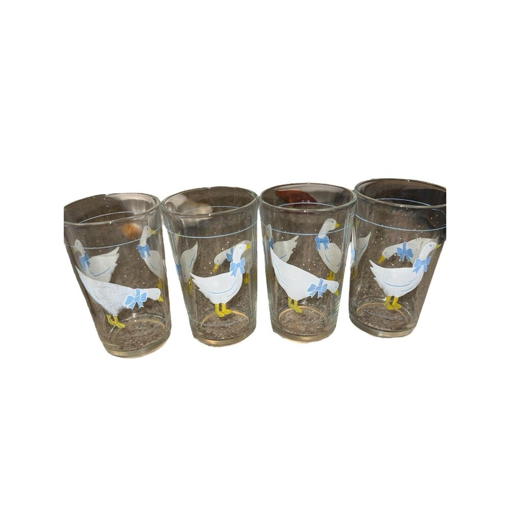 1980s Vintage Libby Country Goose‎ Blue Bows Striped 16 oz. Tumblers Glasses (4)
